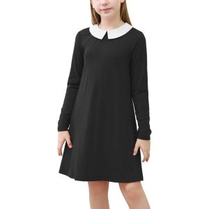imageGORLYA Girls Peter Pan Collar Vintage Casual Loose Straight Swing TShirt Dress with Pockets 414YBlacklong Sleeve