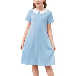 imageGORLYA Girls Peter Pan Collar Vintage Casual Loose Straight Swing TShirt Dress with Pockets 414YLight Blue