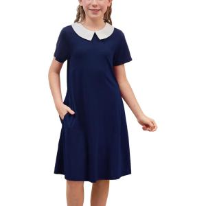 imageGORLYA Girls Peter Pan Collar Vintage Casual Loose Straight Swing TShirt Dress with Pockets 414YNavy