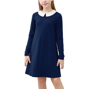 imageGORLYA Girls Peter Pan Collar Vintage Casual Loose Straight Swing TShirt Dress with Pockets 414YNavylong Sleeve