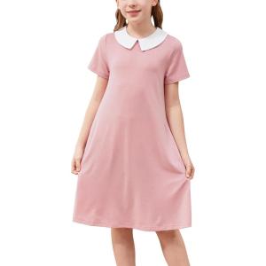 imageGORLYA Girls Peter Pan Collar Vintage Casual Loose Straight Swing TShirt Dress with Pockets 414YPink