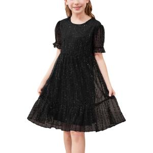 imageGORLYA Girls Sheer Mesh Puff Sleeve Empire Waist Vintage Tiered Sequined Tulle Babydoll Dress 414YBlack