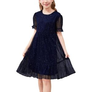imageGORLYA Girls Sheer Mesh Puff Sleeve Empire Waist Vintage Tiered Sequined Tulle Babydoll Dress 414YNavy