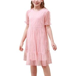 imageGORLYA Girls Sheer Mesh Puff Sleeve Empire Waist Vintage Tiered Sequined Tulle Babydoll Dress 414YPink