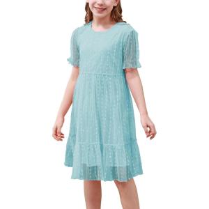 imageGORLYA Girls Sheer Mesh Puff Sleeve Empire Waist Vintage Tiered Sequined Tulle Babydoll Dress 414YTeal