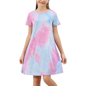 imageGORLYA Girls Short Sleeve ALine Loose Casual Shift Swing Summer TShirt Dress with Pockets 616YBlue Tiedye