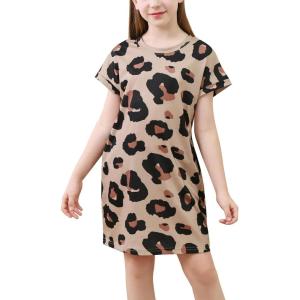 imageGORLYA Girls Short Sleeve ALine Loose Casual Shift Swing Summer TShirt Dress with Pockets 616YBrown Leopard