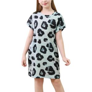 imageGORLYA Girls Short Sleeve ALine Loose Casual Shift Swing Summer TShirt Dress with Pockets 616YGray Leopard