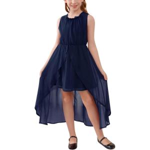 imageGORLYA Girls Sleeveless Ruffle Neck HiLo Hem Overlay Formal Occasin Chiffon Long Party Dress 414TNavy