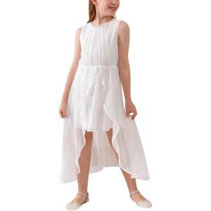 imageGORLYA Girls Sleeveless Ruffle Neck HiLo Hem Overlay Formal Occasin Chiffon Long Party Dress 414TWhite