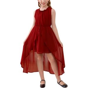 imageGORLYA Girls Sleeveless Ruffle Neck HiLo Hem Overlay Formal Occasin Chiffon Long Party Dress 414TWine Red