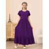imageGORLYA Girls Flowy Short Sleeve Holiday Casual Loose Ruffle Hem Modest Long Maxi Dress for 614Y KidsPurple