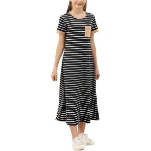 imageGORLYA Girls Contrast Striped Loose Casual Long Shift Swing Patch Pocket TShirt Maxi Dress 614YBlack Stripe