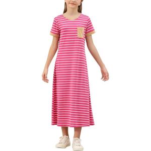 imageGORLYA Girls Contrast Striped Loose Casual Long Shift Swing Patch Pocket TShirt Maxi Dress 614YFuchsia Stripe
