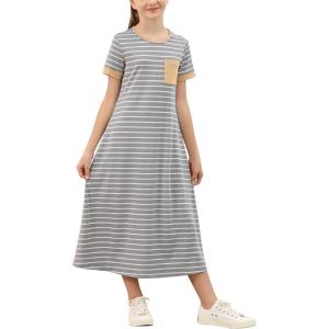 imageGORLYA Girls Contrast Striped Loose Casual Long Shift Swing Patch Pocket TShirt Maxi Dress 614YGray Stripe