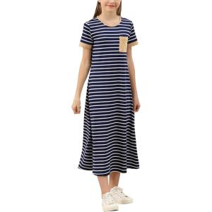 imageGORLYA Girls Contrast Striped Loose Casual Long Shift Swing Patch Pocket TShirt Maxi Dress 614YNavy Stripe