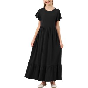 imageGORLYA Girls Flowy Short Sleeve Holiday Casual Loose Ruffle Hem Modest Long Maxi Dress for 614Y KidsBlack