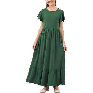 imageGORLYA Girls Flowy Short Sleeve Holiday Casual Loose Ruffle Hem Modest Long Maxi Dress for 614Y KidsGreen