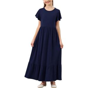 imageGORLYA Girls Flowy Short Sleeve Holiday Casual Loose Ruffle Hem Modest Long Maxi Dress for 614Y KidsNavy