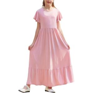 imageGORLYA Girls Flowy Short Sleeve Holiday Casual Loose Ruffle Hem Modest Long Maxi Dress for 614Y KidsPink