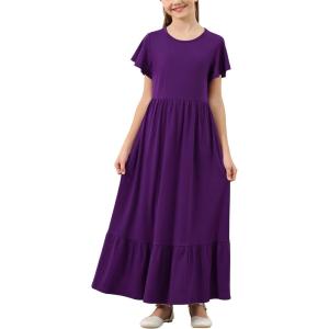 imageGORLYA Girls Flowy Short Sleeve Holiday Casual Loose Ruffle Hem Modest Long Maxi Dress for 614Y KidsPurple