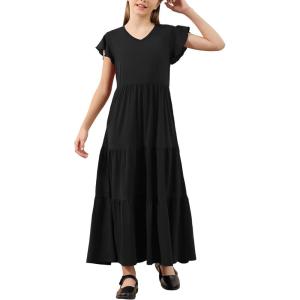 imageGORLYA Girls Flutter Sleeve V Neck Modest Casual Holiday Ruffle Tiered Hem Long Maxi Dress 616YBlack
