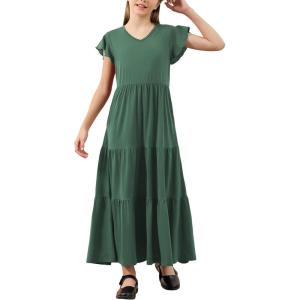 imageGORLYA Girls Flutter Sleeve V Neck Modest Casual Holiday Ruffle Tiered Hem Long Maxi Dress 616YGreen