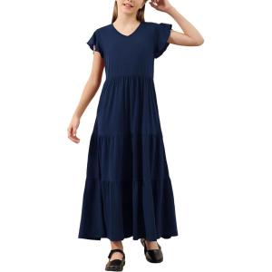 imageGORLYA Girls Flutter Sleeve V Neck Modest Casual Holiday Ruffle Tiered Hem Long Maxi Dress 616YNavy
