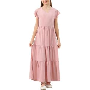 imageGORLYA Girls Flutter Sleeve V Neck Modest Casual Holiday Ruffle Tiered Hem Long Maxi Dress 616YPink