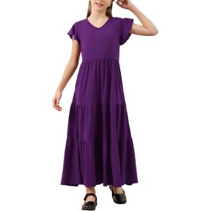 imageGORLYA Girls Flutter Sleeve V Neck Modest Casual Holiday Ruffle Tiered Hem Long Maxi Dress 616YPurple