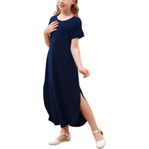 imageGORLYA Girls Modest Elegant Split Curvy Hem Casual Loose Long Maxi Straight Dress with Pockets 414YNavy