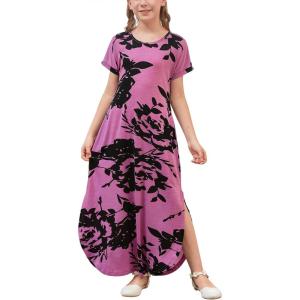 imageGORLYA Girls Modest Elegant Split Curvy Hem Casual Loose Long Maxi Straight Dress with Pockets 414YPurple Print