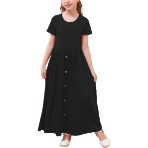 imageGORLYA Girls Modest Simple Button Casual Loose Holiday Long Maxi Dress with Pockets for 414Y KidsBlack