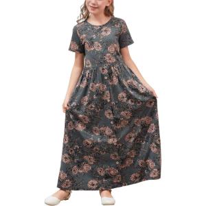 imageGORLYA Girls Modest Simple Button Casual Loose Holiday Long Maxi Dress with Pockets for 414Y KidsGray Print