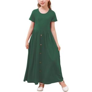 imageGORLYA Girls Modest Simple Button Casual Loose Holiday Long Maxi Dress with Pockets for 414Y KidsGreen