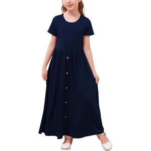 imageGORLYA Girls Modest Simple Button Casual Loose Holiday Long Maxi Dress with Pockets for 414Y KidsNavy