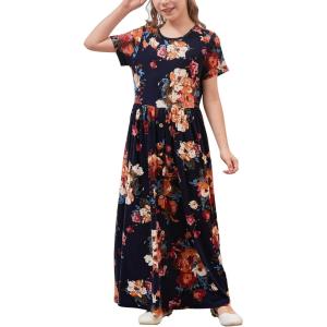 imageGORLYA Girls Modest Simple Button Casual Loose Holiday Long Maxi Dress with Pockets for 414Y KidsOrange Flower