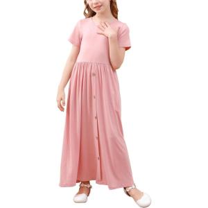 imageGORLYA Girls Modest Simple Button Casual Loose Holiday Long Maxi Dress with Pockets for 414Y KidsPink
