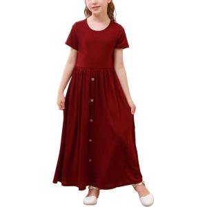 imageGORLYA Girls Modest Simple Button Casual Loose Holiday Long Maxi Dress with Pockets for 414Y KidsWine Red