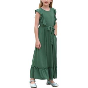 imageGORLYA Girls Sleeveless Ruffle Trim ALine Casual Party Long Maxi Belted Dress with Pockets for 412T Kids GOR1033 1112Y Green