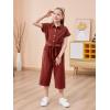 imageGORLYA Girls Peter Pan Collar Linen Casual Jumpsuit Outfits Button Belted Wide Leg Pant Jumper Rompers 414T