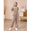 imageGORLYA Girls Puff Sleeve Casual Button Shirred Jumpsuit Outfits Straight Wide Leg Pant Jumper Rompers 414TBrown Print