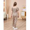 imageGORLYA Girls Puff Sleeve Casual Button Shirred Jumpsuit Outfits Straight Wide Leg Pant Jumper Rompers 414TBrown Print