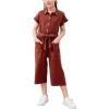 imageGORLYA Girls Peter Pan Collar Linen Casual Jumpsuit Outfits Button Belted Wide Leg Pant Jumper Rompers 414T
