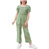 imageGORLYA Girls Puff Sleeve Casual Button Shirred Jumpsuit Outfits Straight Wide Leg Pant Jumper Rompers 414TGreen Flower