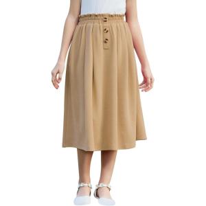imageGORLYA Girls Boho Paper Bag Elastic Waist Long Swing Casual Vintage Button Front Maxi Skirt for 614YKhaki