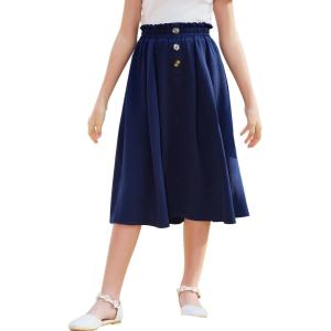 imageGORLYA Girls Boho Paper Bag Elastic Waist Long Swing Casual Vintage Button Front Maxi Skirt for 614YNavy