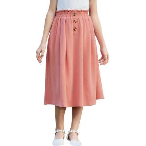 imageGORLYA Girls Boho Paper Bag Elastic Waist Long Swing Casual Vintage Button Front Maxi Skirt for 614YPink