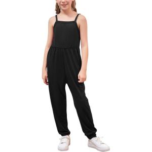 imageGORLYA Girls Casual Sleeveless Strap Backless Jumpsuit Outfits Baggy Harem Overalls Long Pant Jumper Rompers 414TBlack