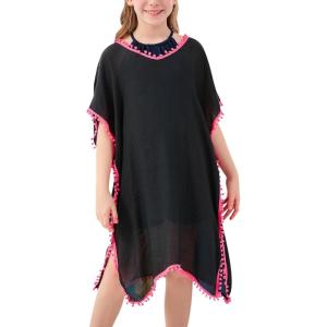 imageGORLYA Girls Casual Tassel Swimwear Cover Ups Bathing Chiffon Coverups Beach Swimsuit Wraps with Pom Pom TrimBlack